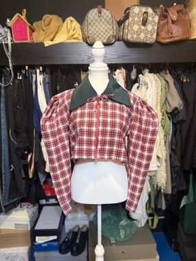 Handmade Cropped Red Plaid Puff-Sleeve Zip Front Top with Green Collar